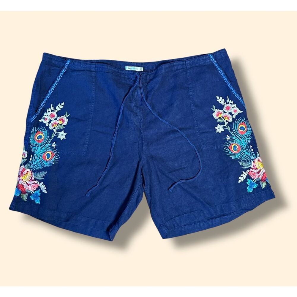 Bright Navy Blue Embroidered Floral Peacock Shorts, Johnny Was, Sz XXL